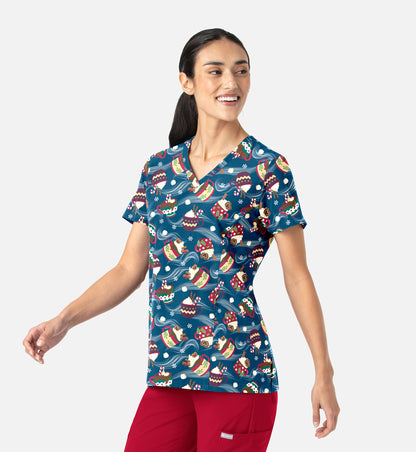 Maevn 1797 Women’s Curved V-Neck Print Top Festive Sips