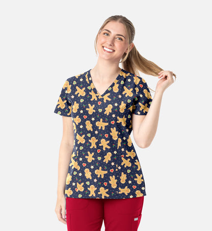 Maevn 1797 Women’s Curved V-Neck Print Top Gingerbread Zen
