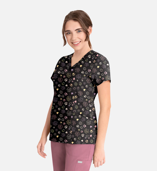 Maevn 1797 Women’s Curved V-Neck Print Top Peace Love Paws
