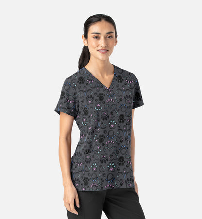 Maevn 1797 Women’s Curved V-Neck Print Top Regal Paws