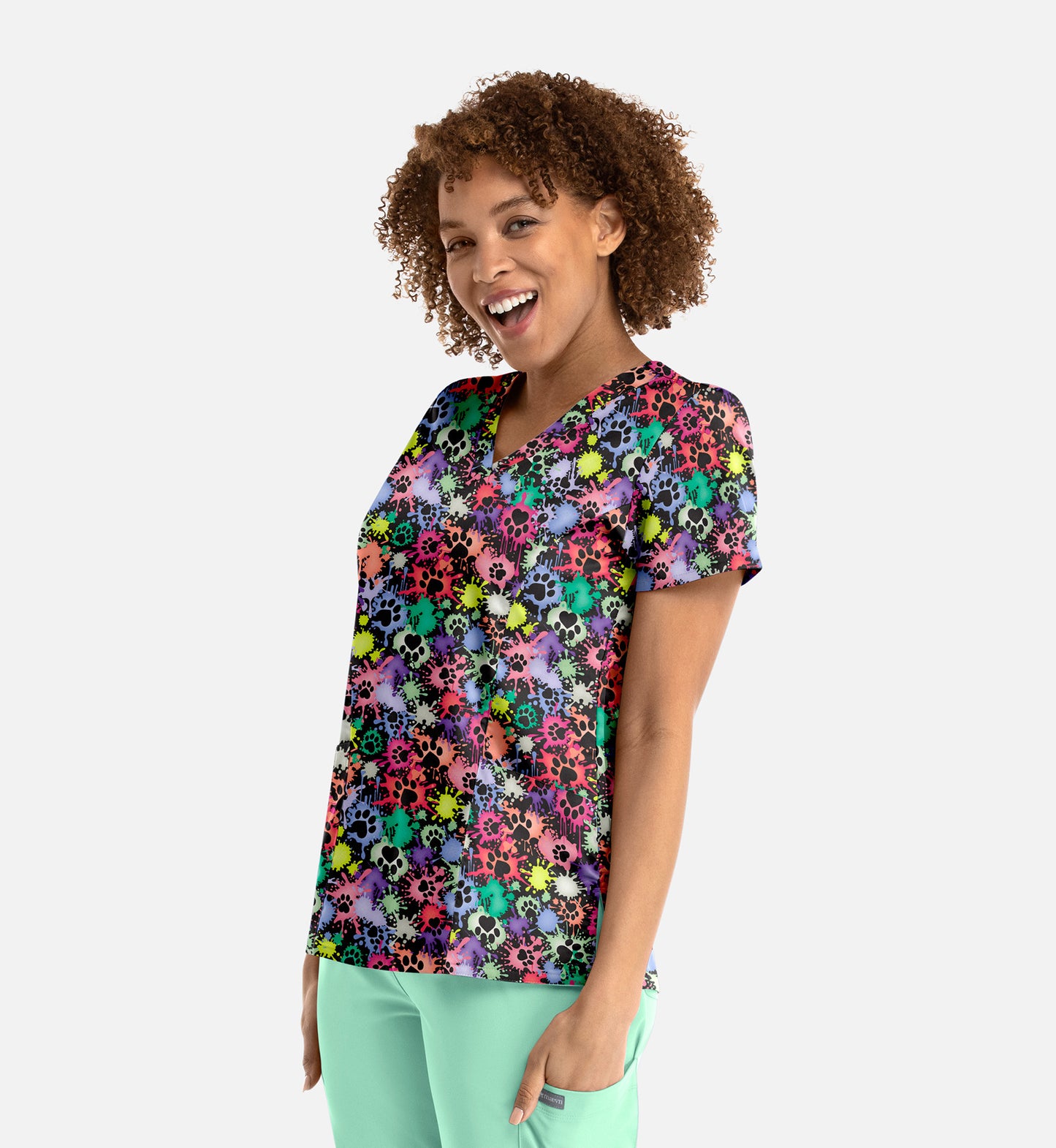 Maevn 1797 Women’s Curved V-Neck Print Top Splatter Paws