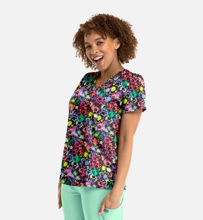 Maevn 1797 Women’s Curved V-Neck Print Top Splatter Paws