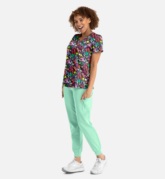 Maevn 1797 Women’s Curved V-Neck Print Top Splatter Paws