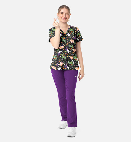 Maevn 1797 Women’s Curved V-Neck Print Top Trick-a-saurus