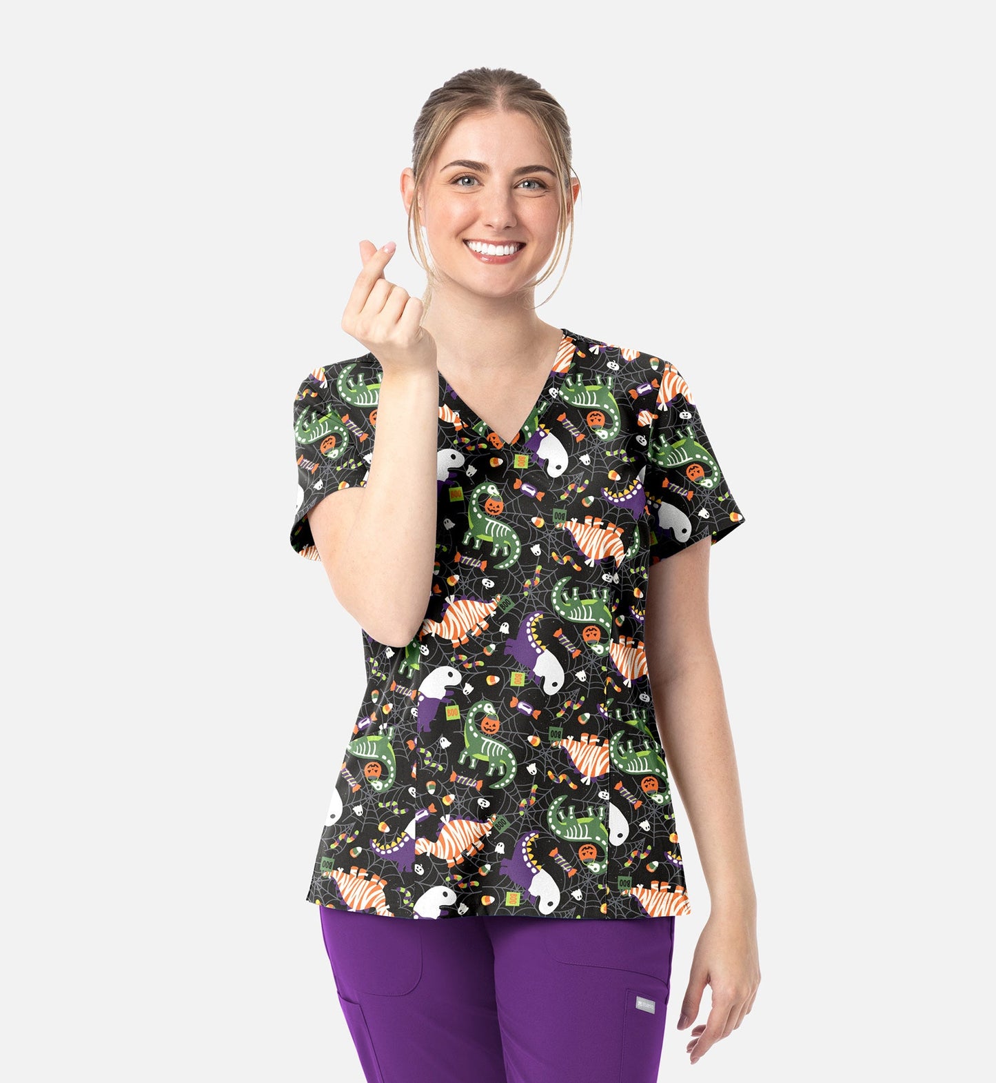 Maevn 1797 Women’s Curved V-Neck Print Top Trick-a-saurus