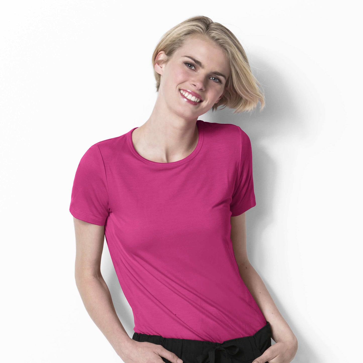 Layers 2209 Silky Knit Short Sleeve Tee Hot Pink Model Image Front | Wink