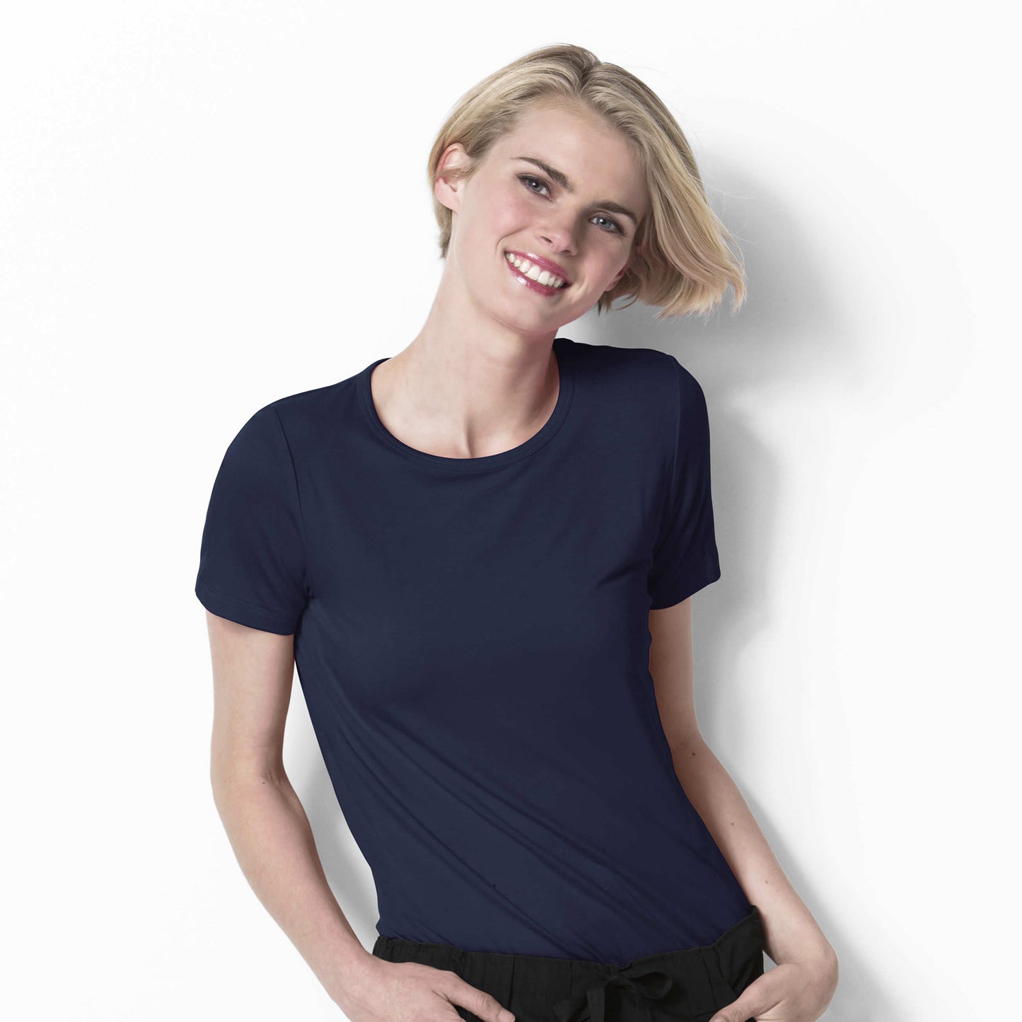 Layers 2209 Silky Knit Short Sleeve Tee Navy Model Image Front | Wink