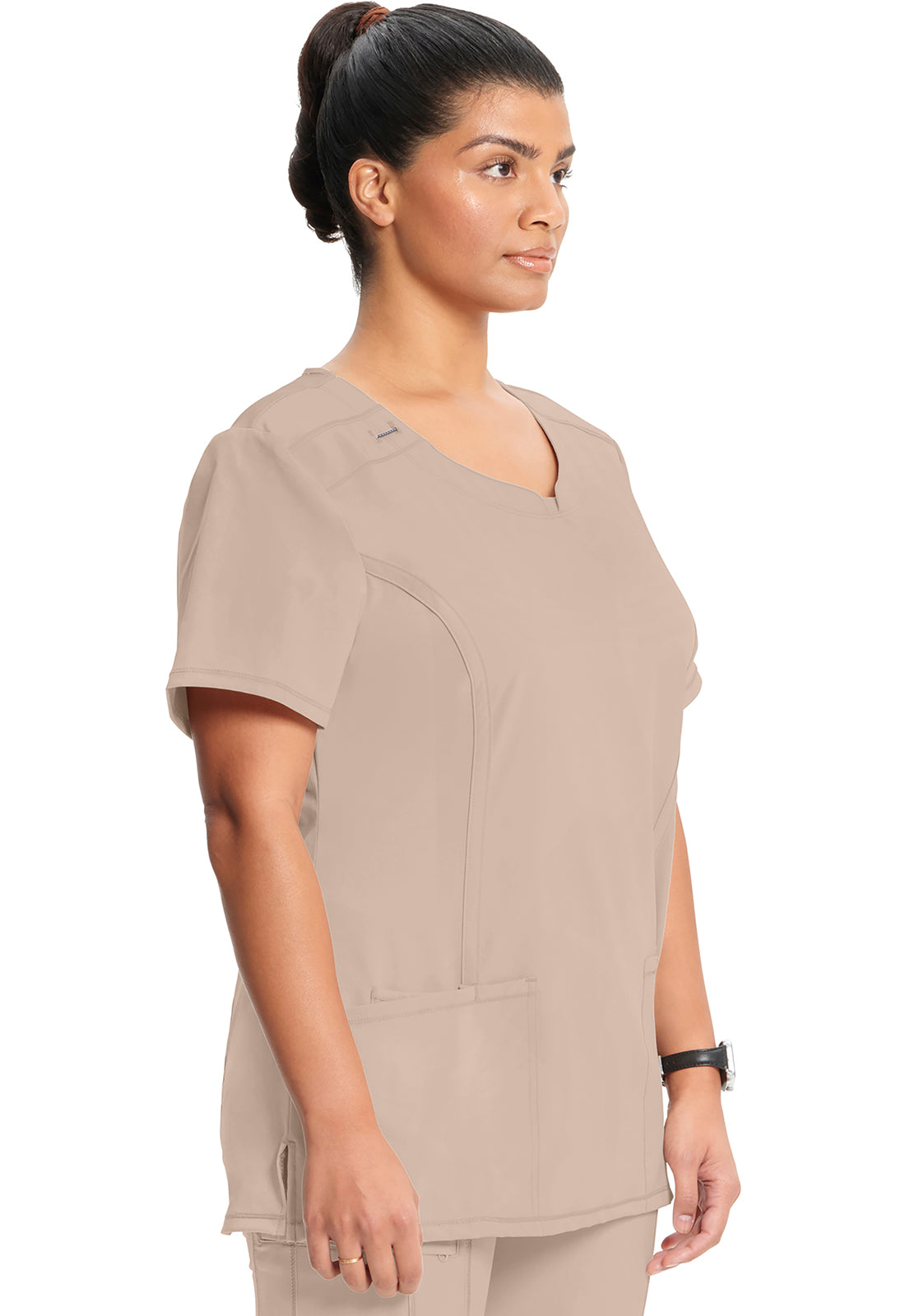 Classics 2624A Round Neck Top Khaki Model Image Left Side | Infinity