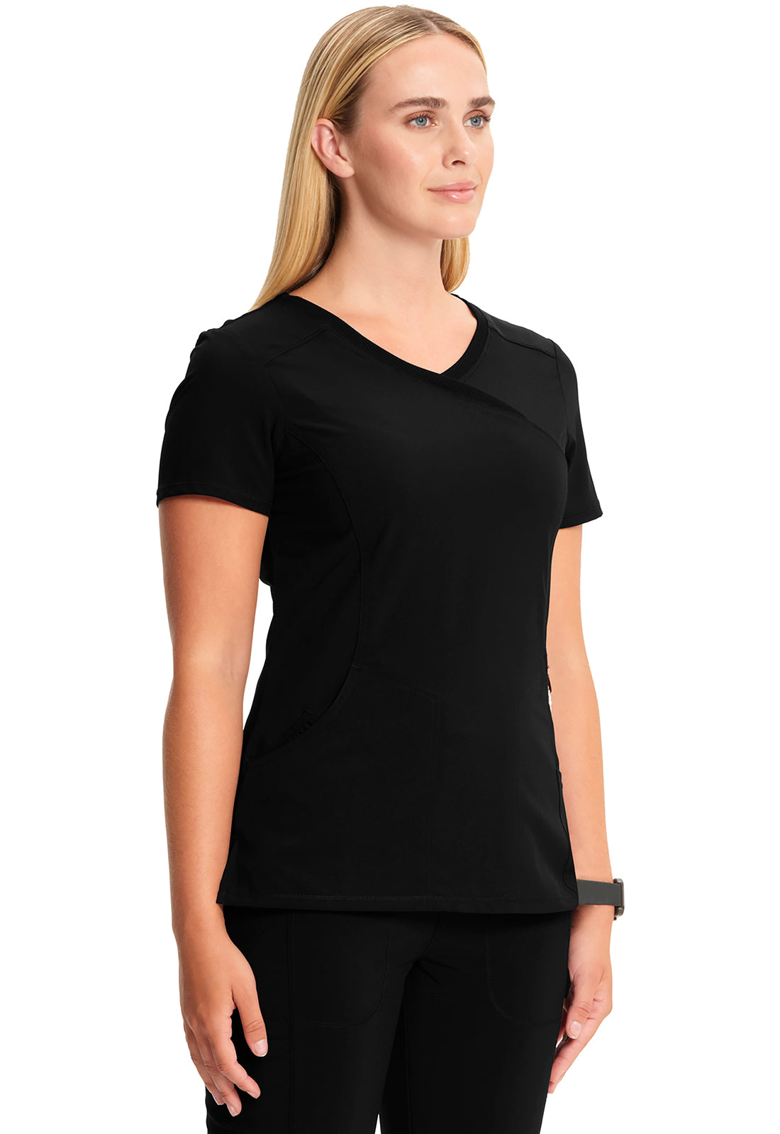 Classics 2625A Mock Wrap Top Black Model Image Left Side | Infinity