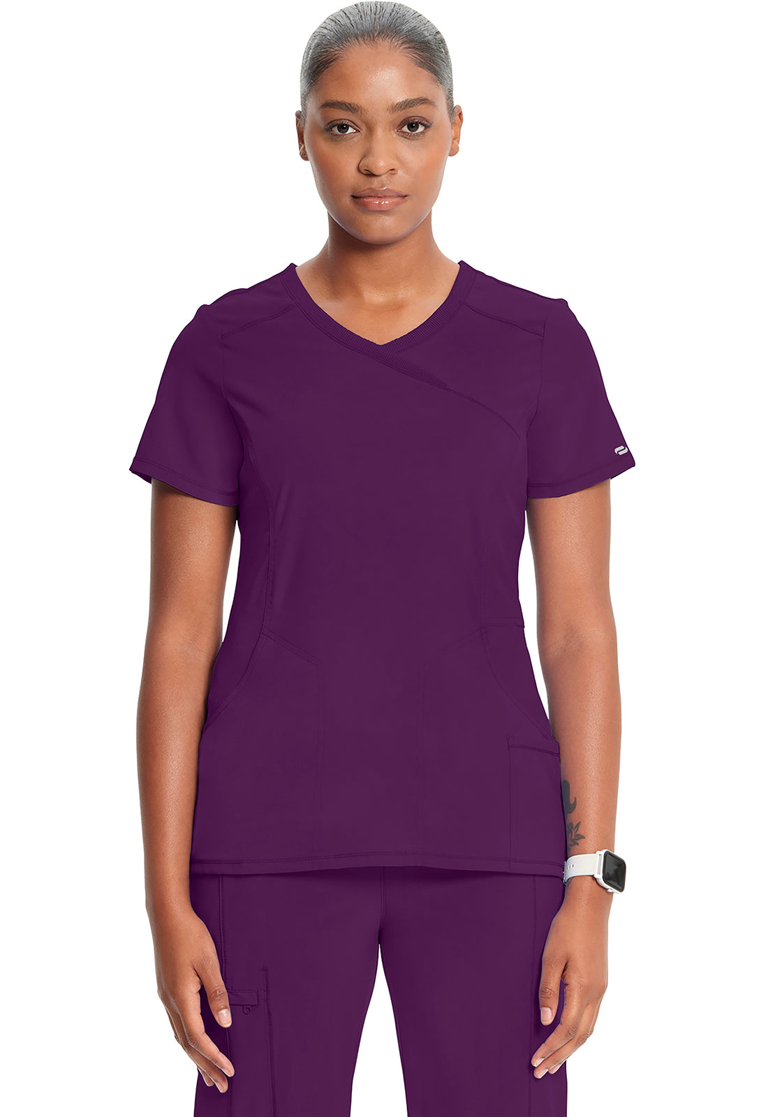 Classics 2625A Mock Wrap Top Eggplant Model Image Front | Infinity