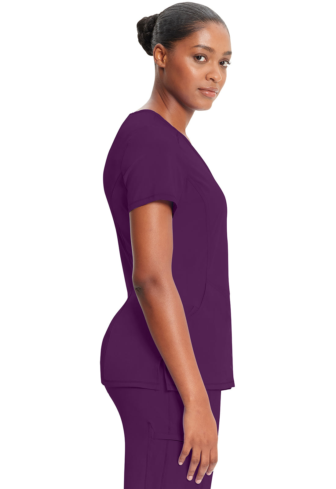 Classics 2625A Mock Wrap Top Eggplant Model Image Right Side | Infinity