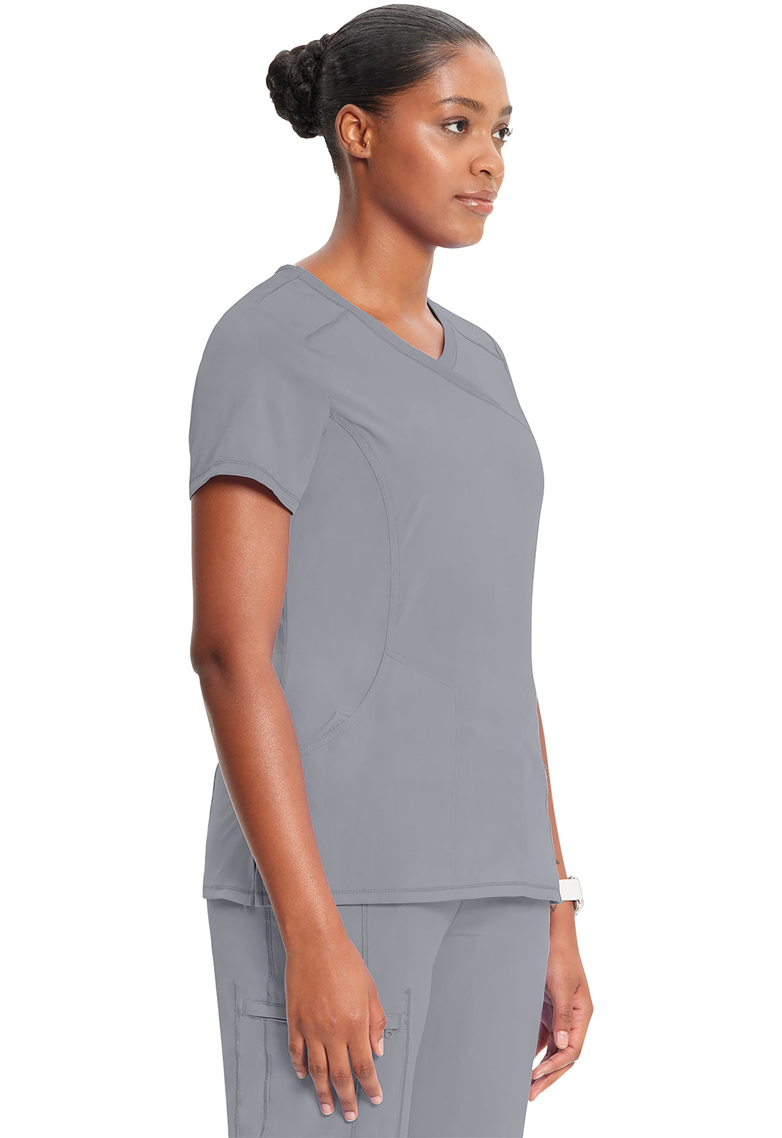 Classics 2625A Mock Wrap Top Grey Model Image Left Side | Infinity