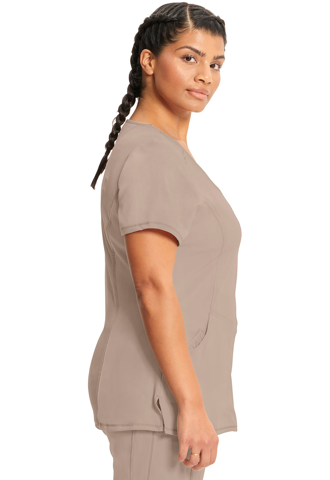 Classics 2625A Mock Wrap Top Khaki Model Image Right Side | Infinity