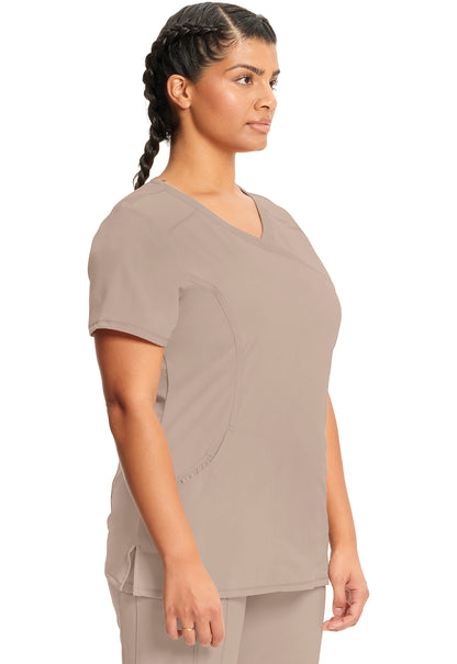 Classics 2625A Mock Wrap Top Khaki Model Image Left Side | Infinity