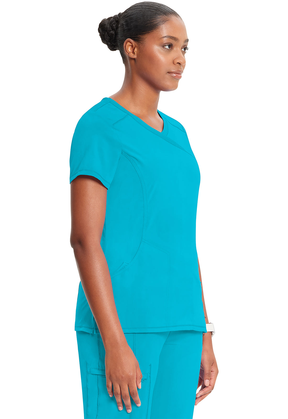 Classics 2625A Mock Wrap Top Turquoise Model Image Left Side | Infinity