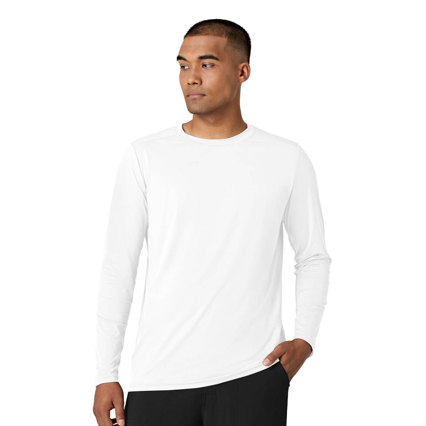 Layers 2629 Men's Performance Long Sleeve Tee White Model Image Front | Wink