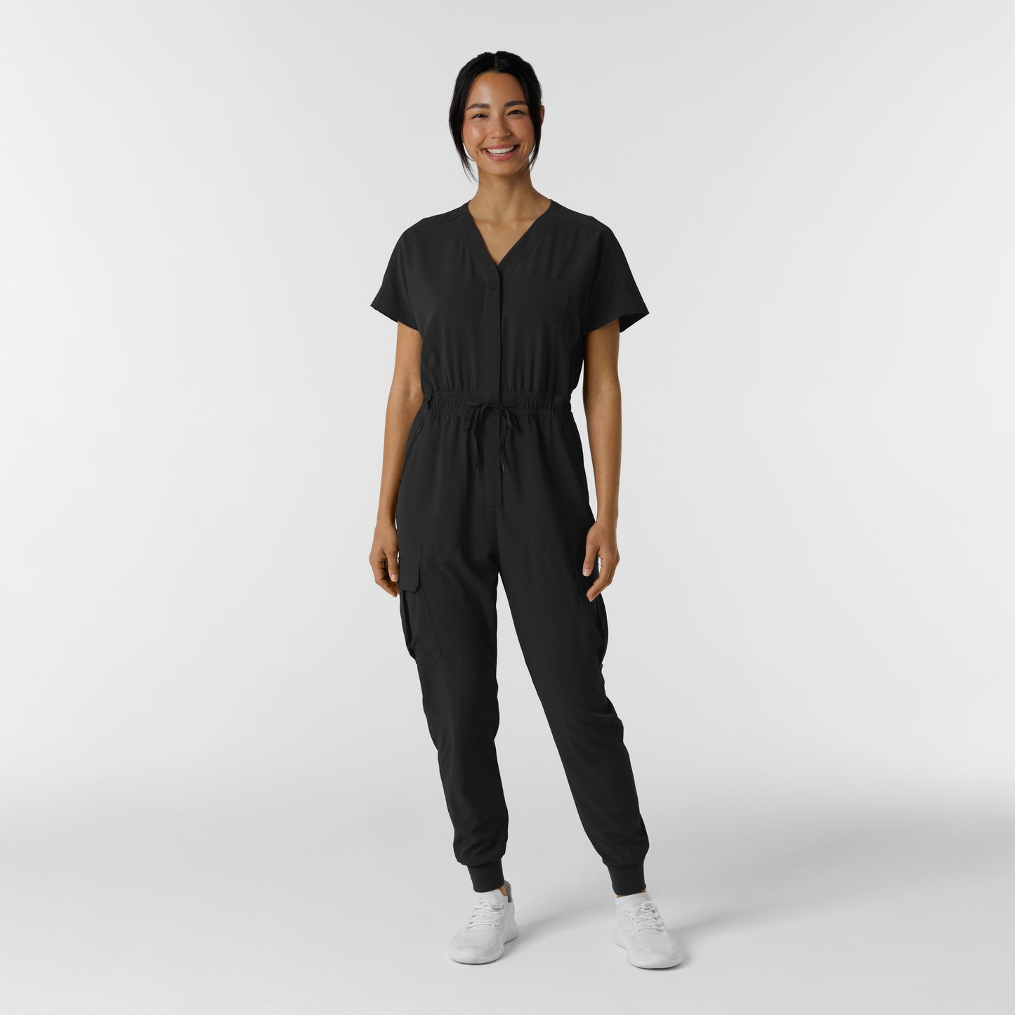 RENEW 3234 Cargo Jogger Scrub Jumpsuit Black Model Image Front | Wink