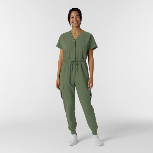 RENEW 3234 Cargo Jogger Scrub Jumpsuit Olive Model Image Front | Wink