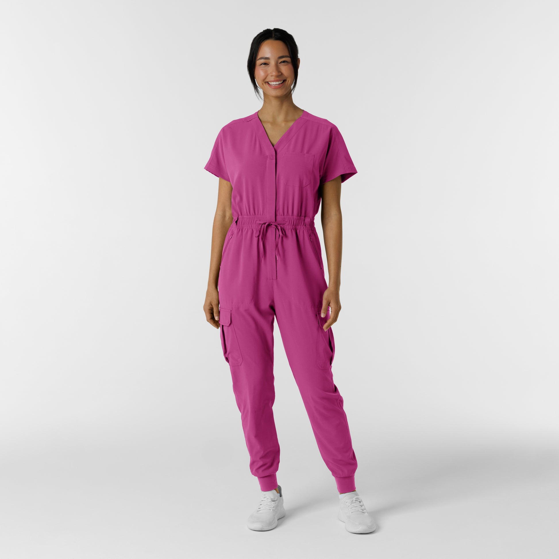 RENEW 3234 Cargo Jogger Scrub Jumpsuit Raspberry Model Image Front | Wink