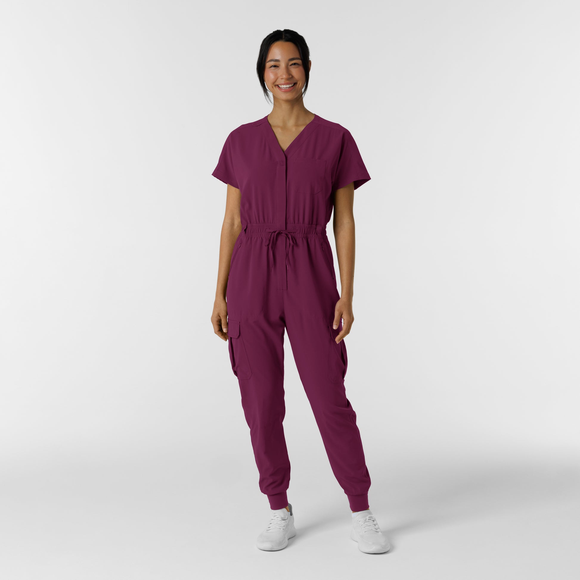 RENEW 3234 Cargo Jogger Scrub Jumpsuit Wine Model Image Front | Wink