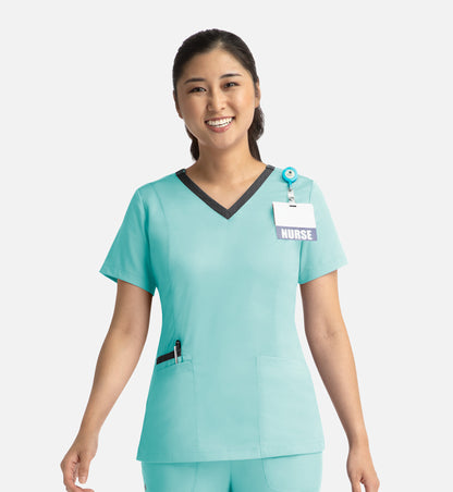Matrix 3502 Women’s Contrast Double V-Neck Top Aruba Blue