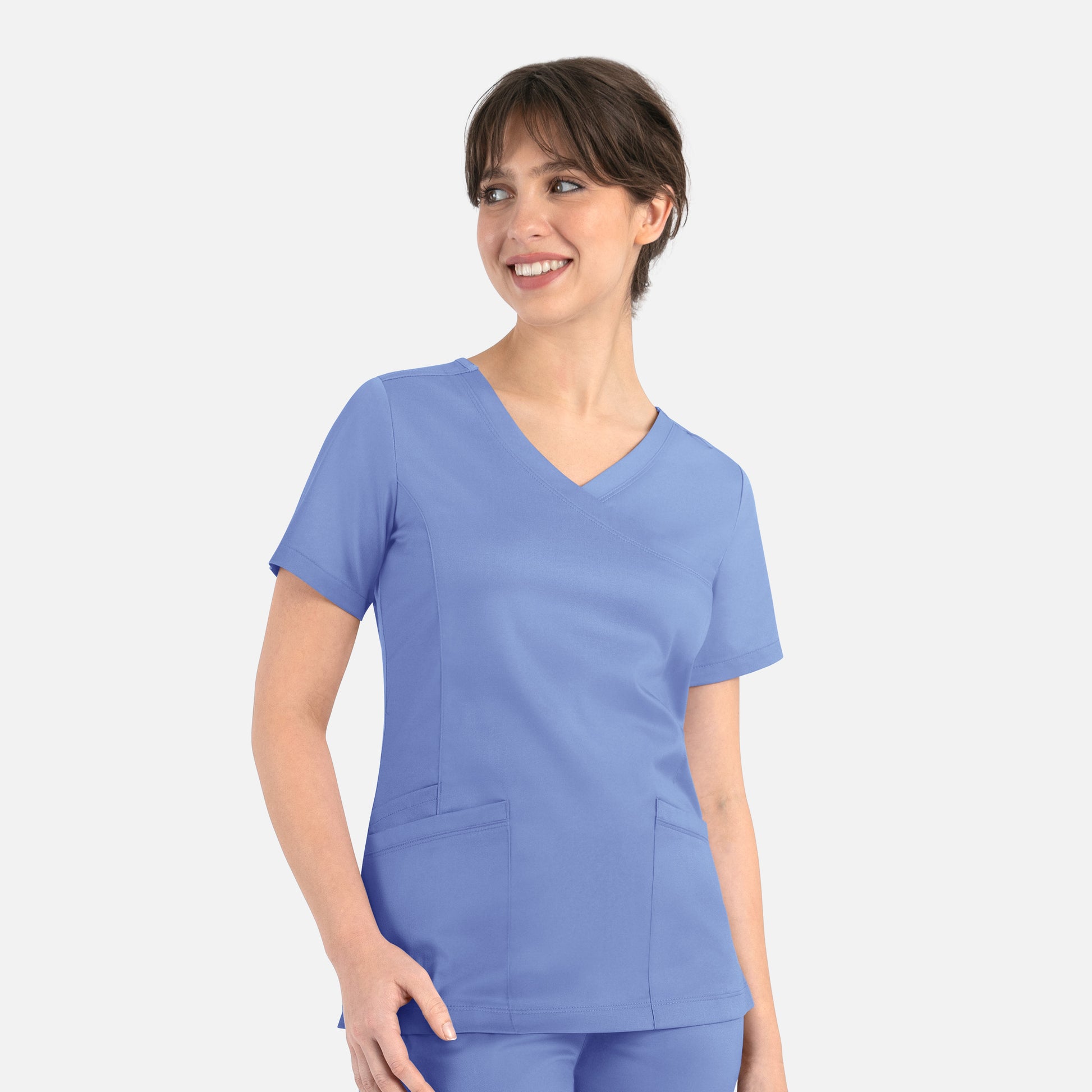 Matrix 3701 Women’s Curved Mock Wrap Top Ceil Blue