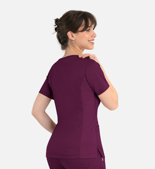 Matrix 3701 Women’s Curved Mock Wrap Top Wine