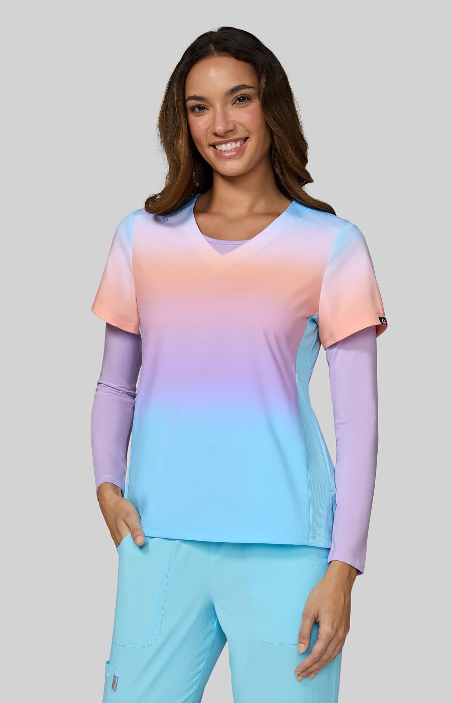 Lite Reform Women's 2-Pocket Stretch Ombre Print Scrub Top Rainbow Ombre
