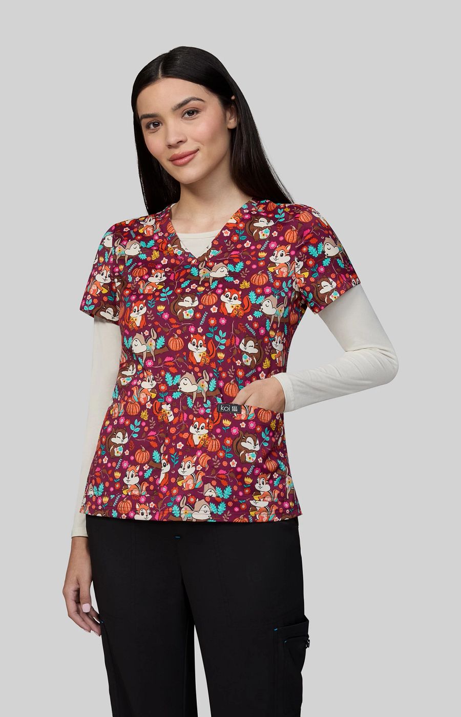 Basics Leslie Women's 2-Pocket Stretch Print Top Chipmunks