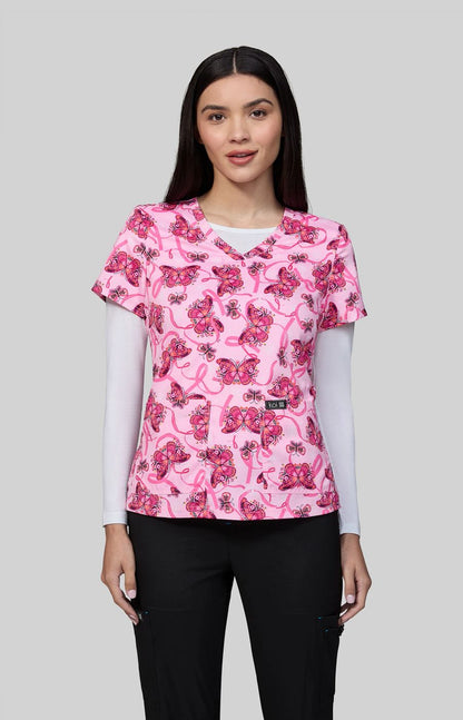 Basics Leslie Women's 2-Pocket Stretch BCRF Print Scrub Top Floating Ribbons