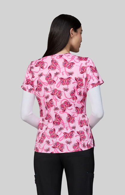 Basics Leslie Women's 2-Pocket Stretch BCRF Print Scrub Top Floating Ribbons