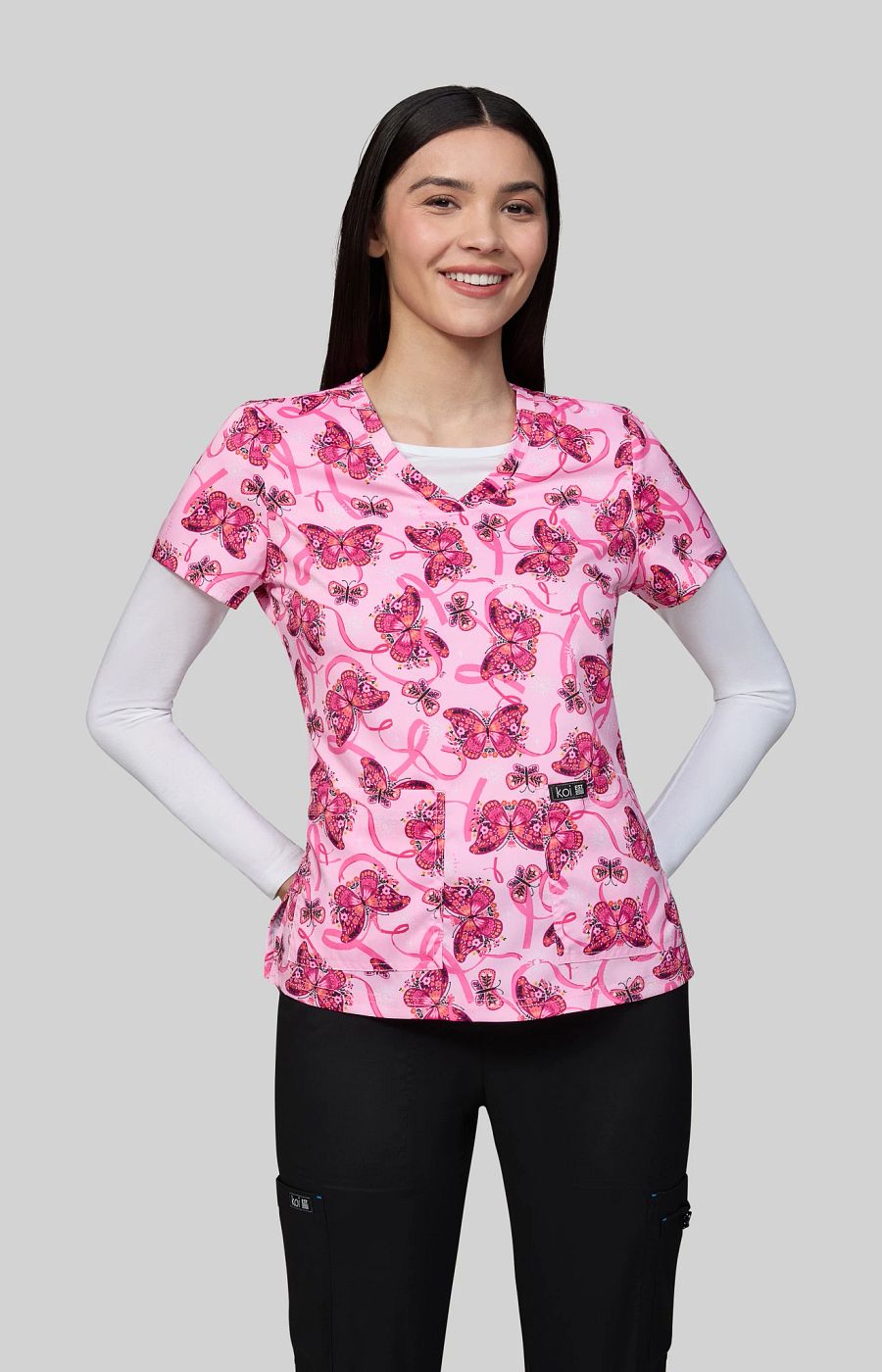 Basics Leslie Women's 2-Pocket Stretch BCRF Print Scrub Top Floating Ribbons