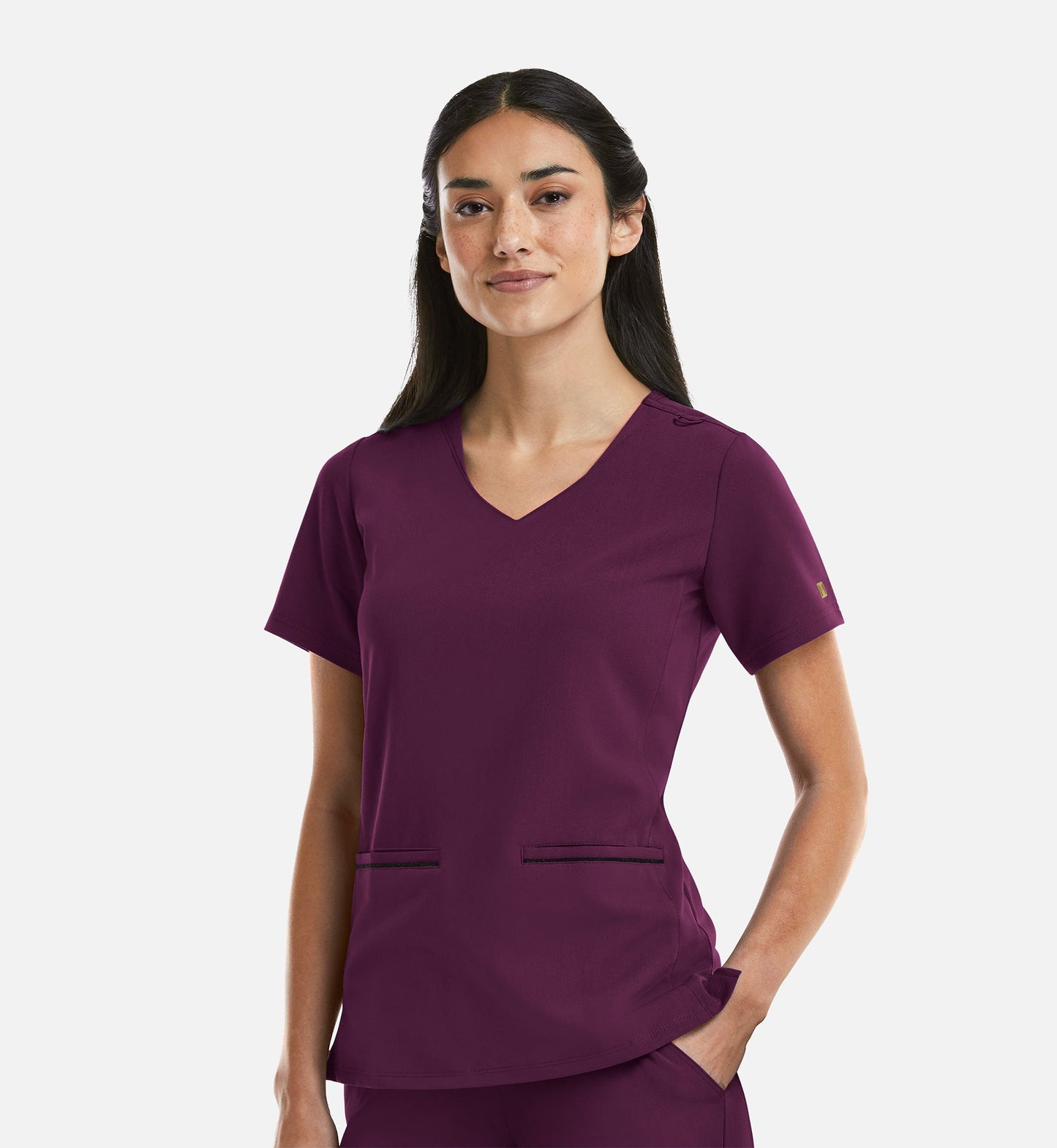 Matrix Pro 3902 Women's Curved V-Neck Top With Metallic Detail Wine