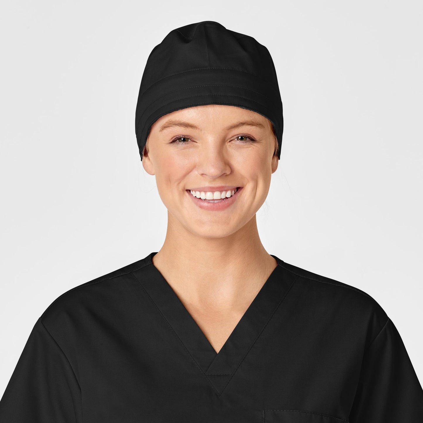 WonderWORK 400 Unisex Tie Back Scrub Cap Black Model Image Front | Wink