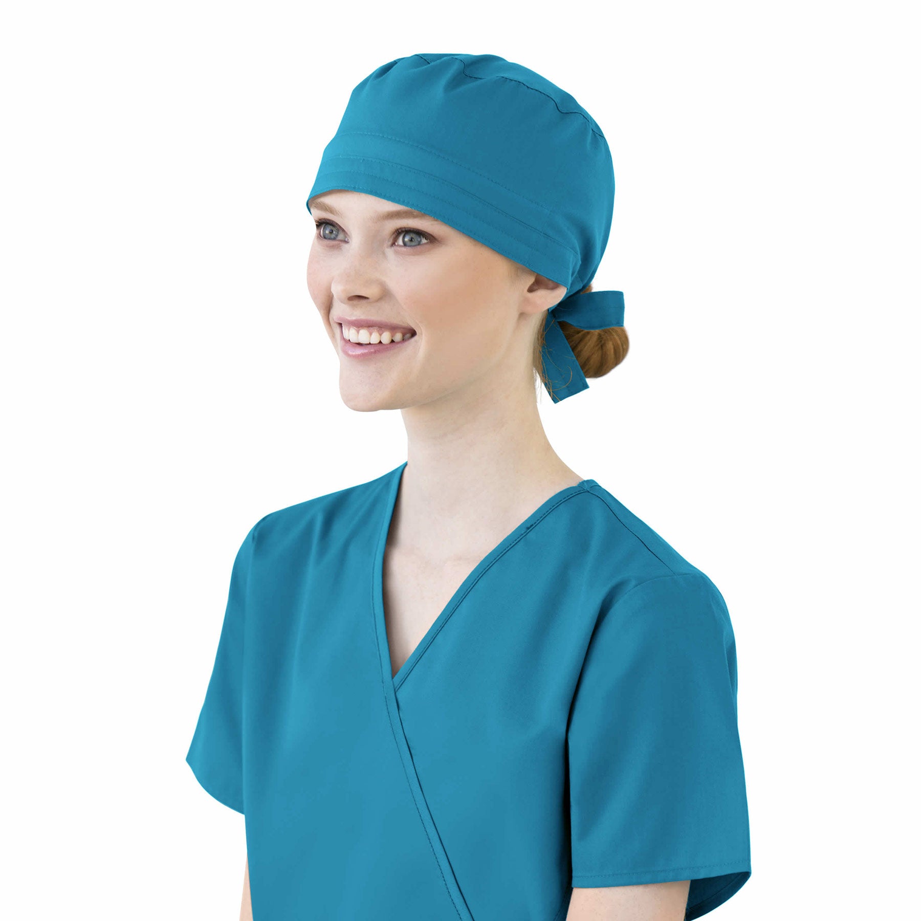 WonderWORK 400 Unisex Tie Back Scrub Hat Teal Blue Model Image Front | Wink