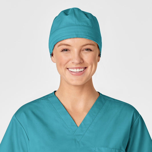 WonderWORK 400 Unisex Tie Back Scrub Cap Teal Blue Model Image Front | Wink