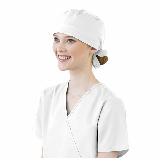 WonderWORK 400 Unisex Tie Back Scrub Hat White Model Image Front | Wink