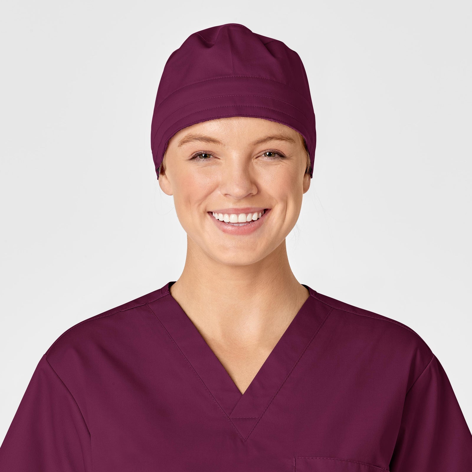 WonderWORK 400 Unisex Tie Back Scrub Cap Wine Model Image Front | Wink