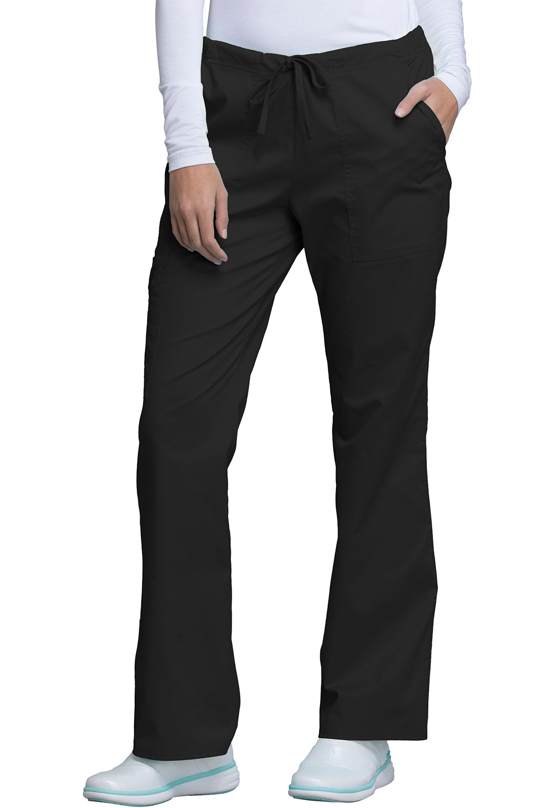 Core Stretch 4044 Mid Rise Drawstring Cargo Pants Black Model Image Right Side | Cherokee Workwear