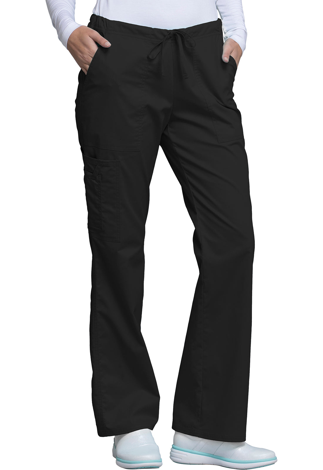 Core Stretch 4044 Mid Rise Drawstring Cargo Pants Black Model Image Left Side | Cherokee Workwear