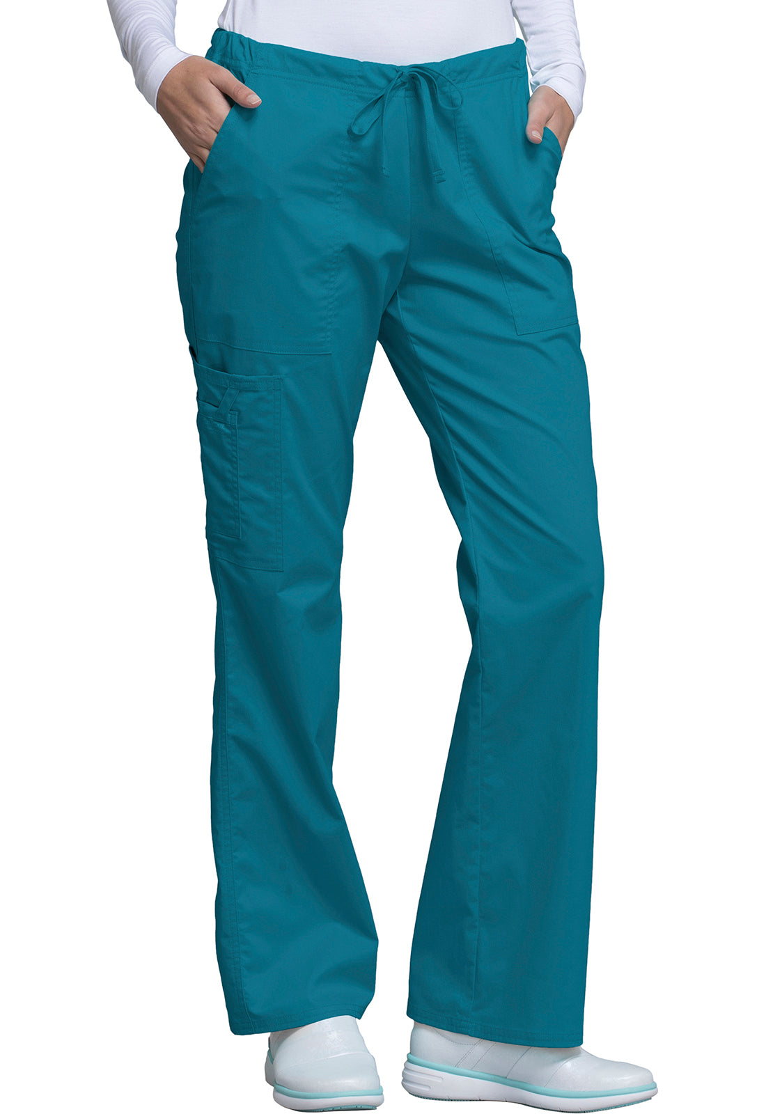 Core Stretch 4044 Mid Rise Drawstring Cargo Pants Caribbean Blue Model Image Left Side | Cherokee Workwear