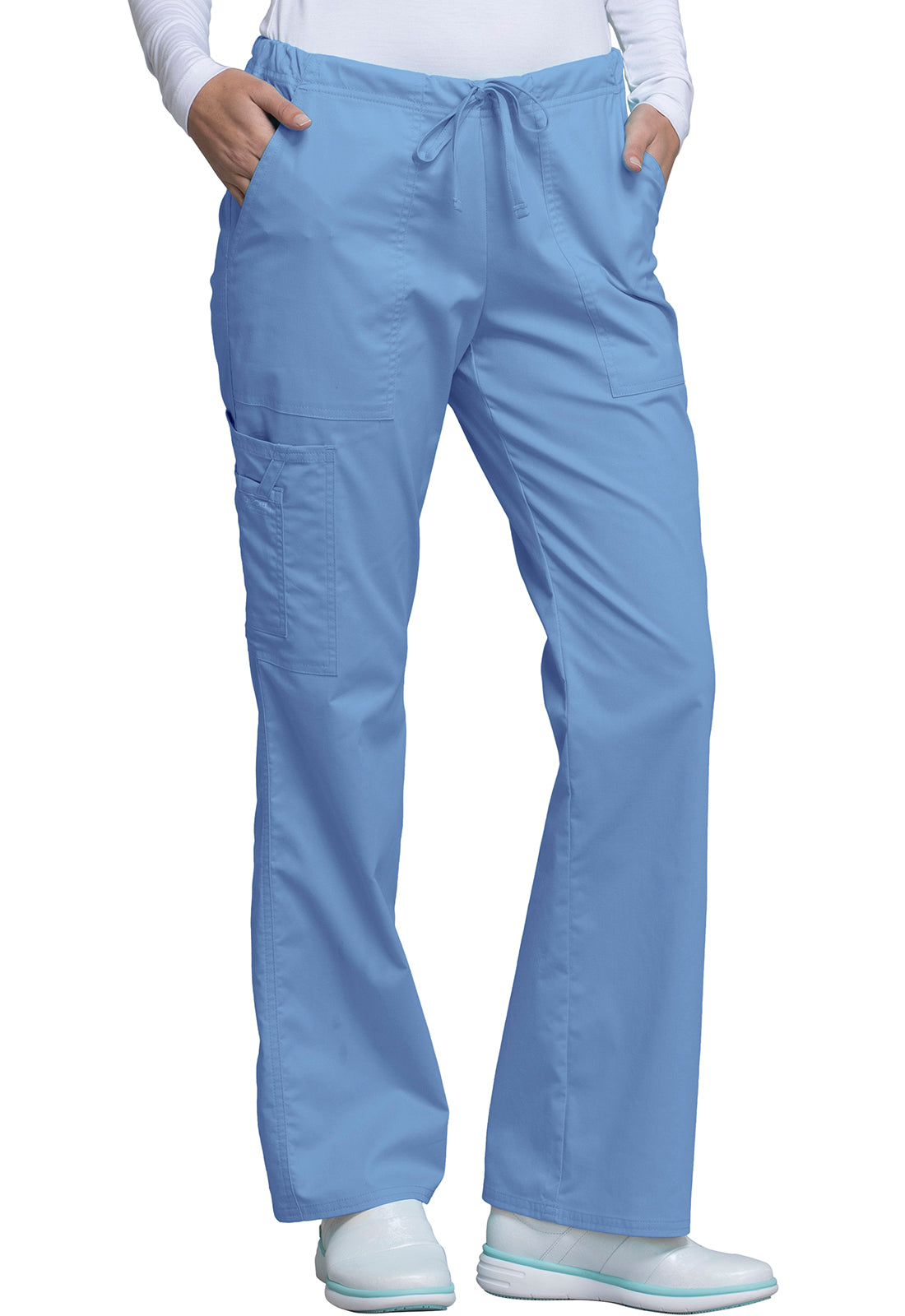 Core Stretch 4044 Mid Rise Drawstring Cargo Pants Ciel Model Image Left Side | Cherokee Workwear