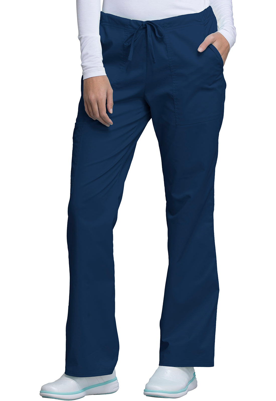 Core Stretch 4044 Mid Rise Drawstring Cargo Pants Navy Model Image Right Side | Cherokee Workwear