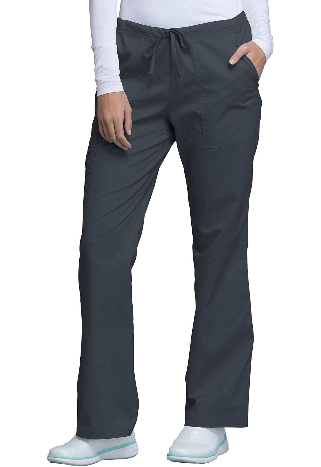 Core Stretch 4044 Mid Rise Drawstring Cargo Pants Pewter Model Image Right Side | Cherokee Workwear