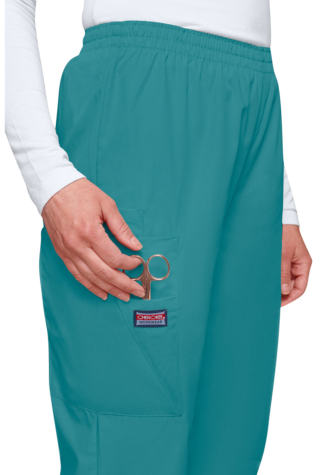 Workwear Originals 4200 Women's Natural Rise Tapered Pull-On Cargo Scrub Pants Teal Blue