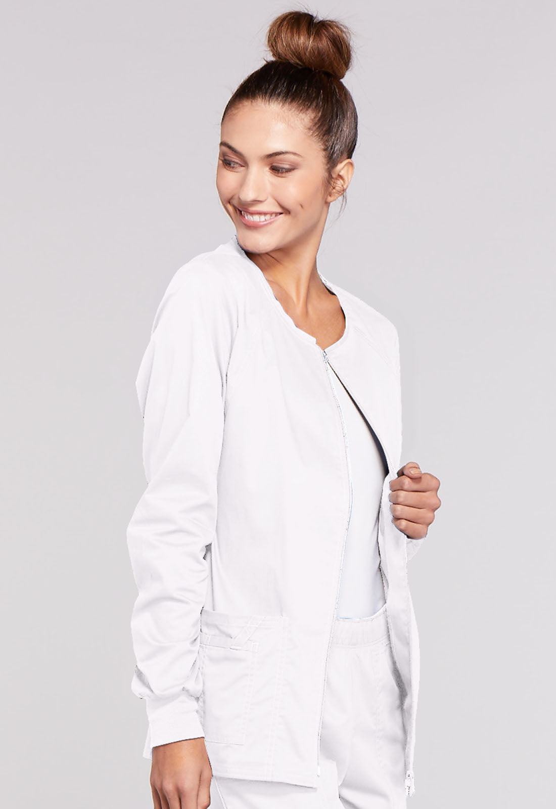 Core Stretch 4315 Zip Front Jacket White Model Image Left Side | Cherokee Workwear