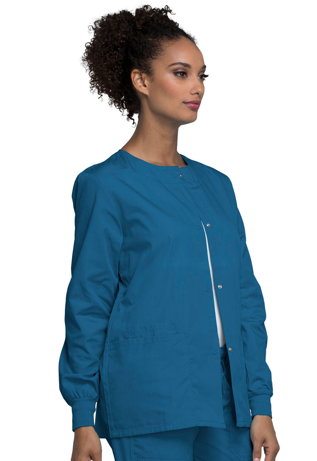 Originals 4350 Snap Front Warm-Up Jacket Caribbean Blue Model Image Left Side | Cherokee Workwear