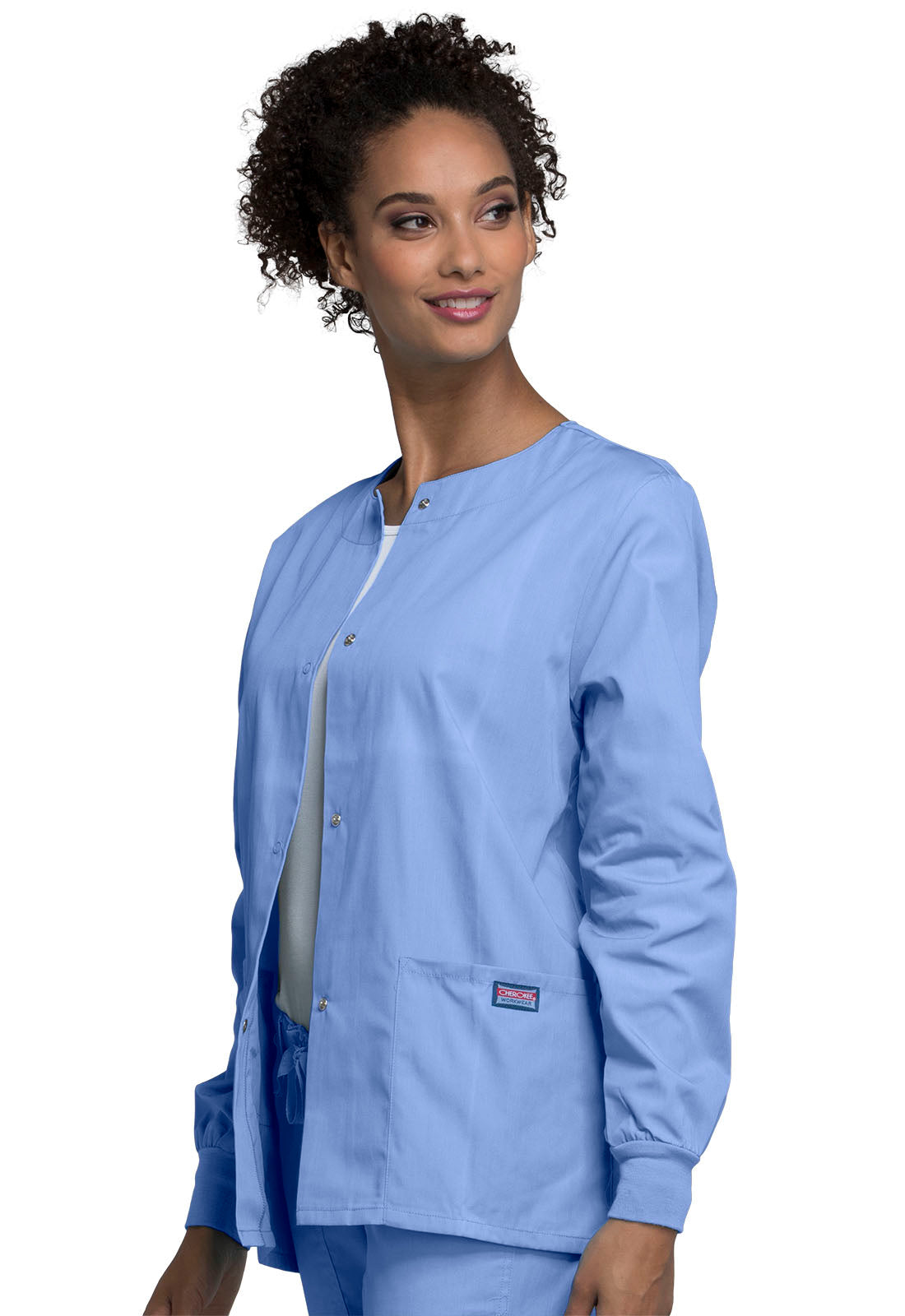 Originals 4350 Snap Front Warm-Up Jacket Ciel Model Image Right Side | Cherokee Workwear