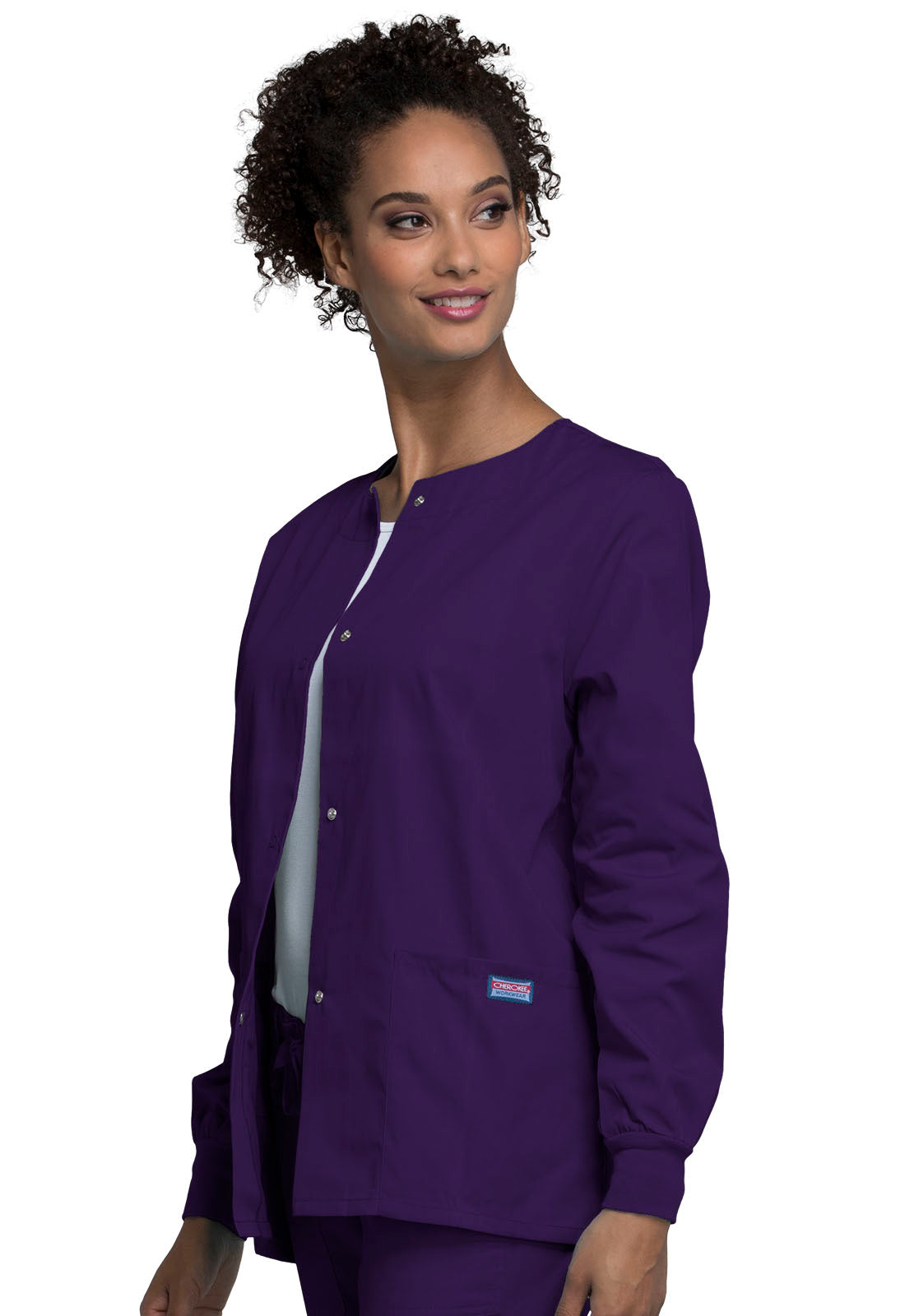 Originals 4350 Snap Front Warm-Up Jacket Eggplant Model Image Right Side | Cherokee Workwear