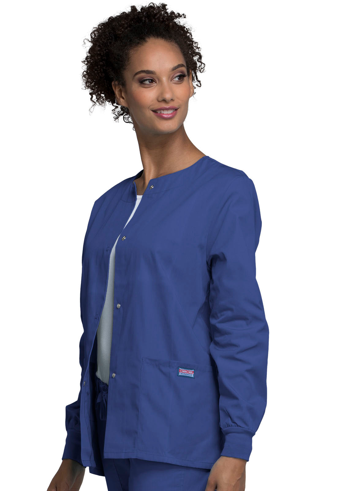 Originals 4350 Snap Front Warm-Up Jacket Galaxy Blue Model Image Right Side | Cherokee Workwear